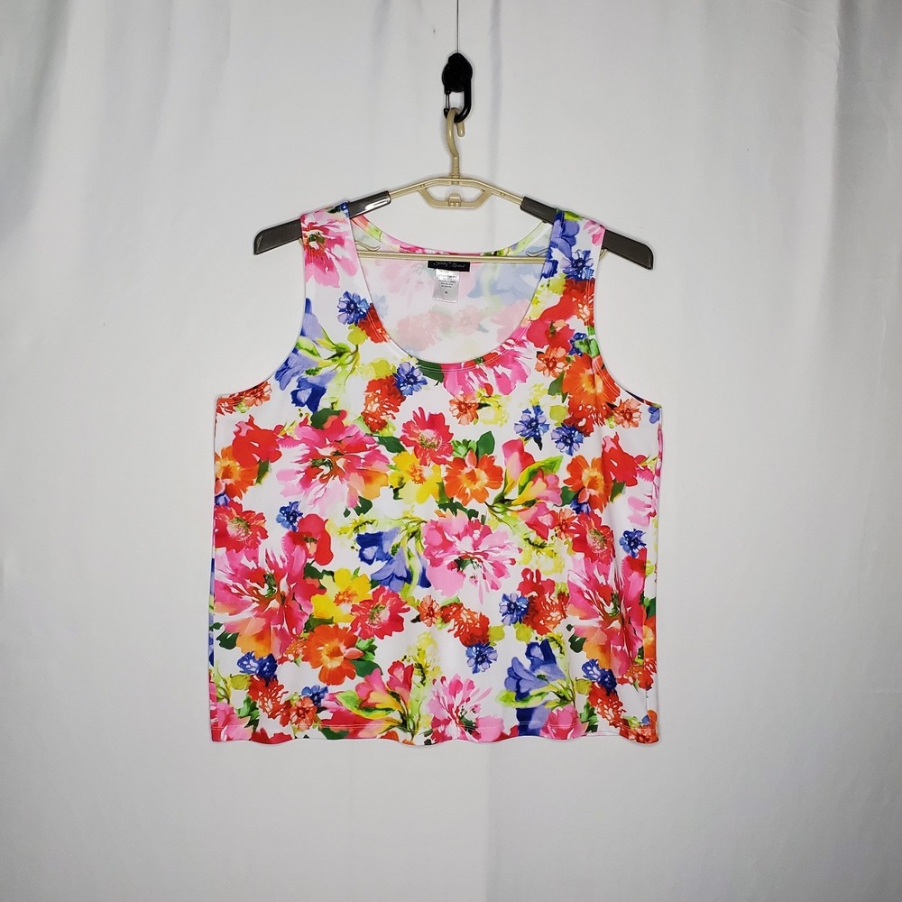 Slinky Brand Tank Top Women 1X White Rainbow Floral Stretch Travel Vacation